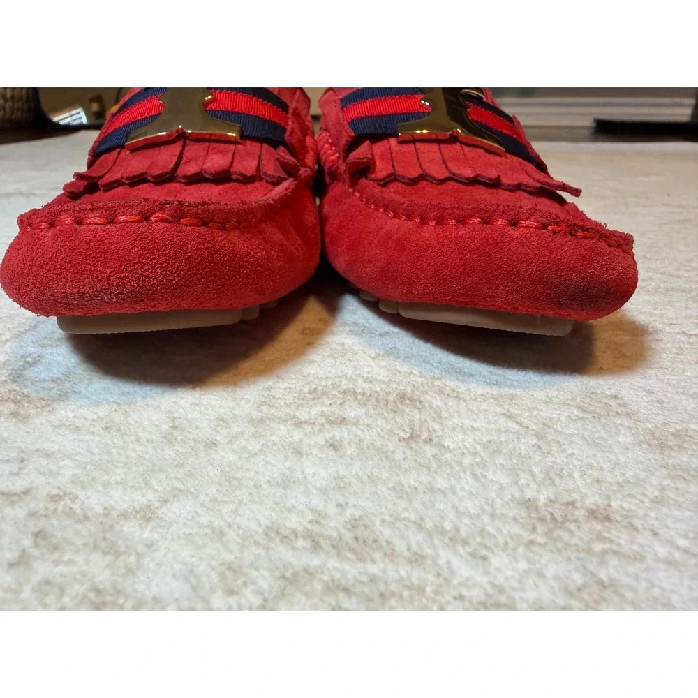 Tory Burch Red Suede Kiltie Fringe Driving Loafers Gold Logo Buckle Flats 6.5